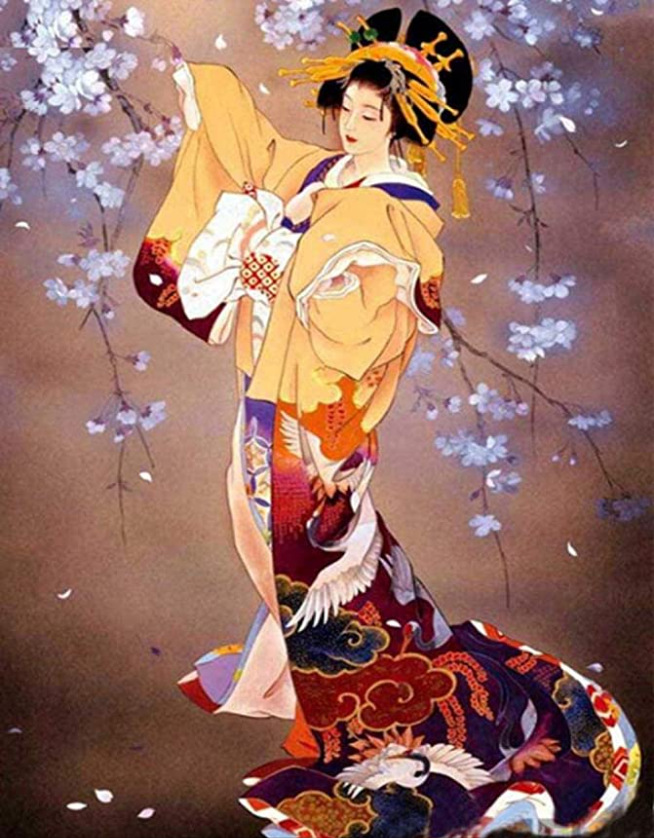 源头厂家日本和服艺伎桃花樱花美女满绣线绣定制十字绣