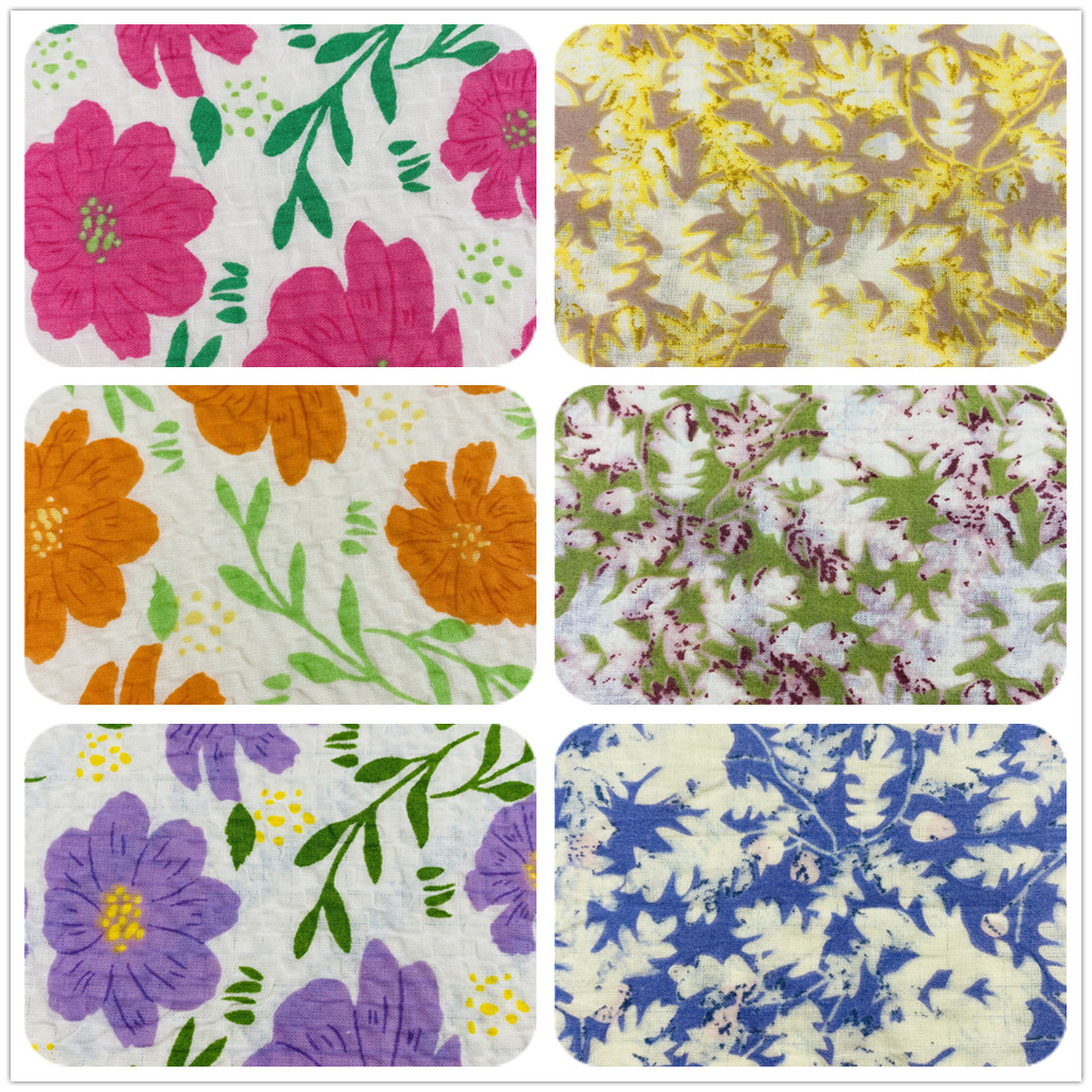 春夏新款盐缩泡泡棉印花布 全棉提花起绉印花朵女装童装服装面料