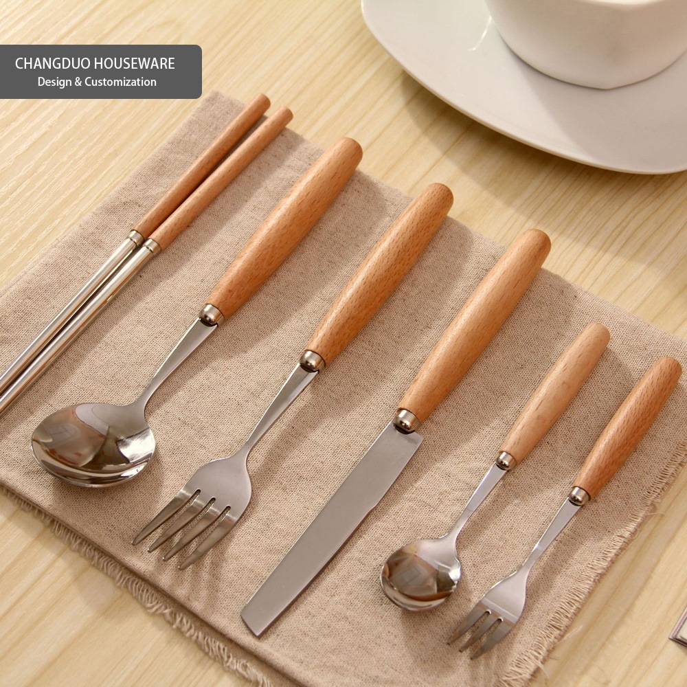 日式木柄勺叉刀筷子不锈钢西餐具创意餐厅酒店用品zakka杂货批发
