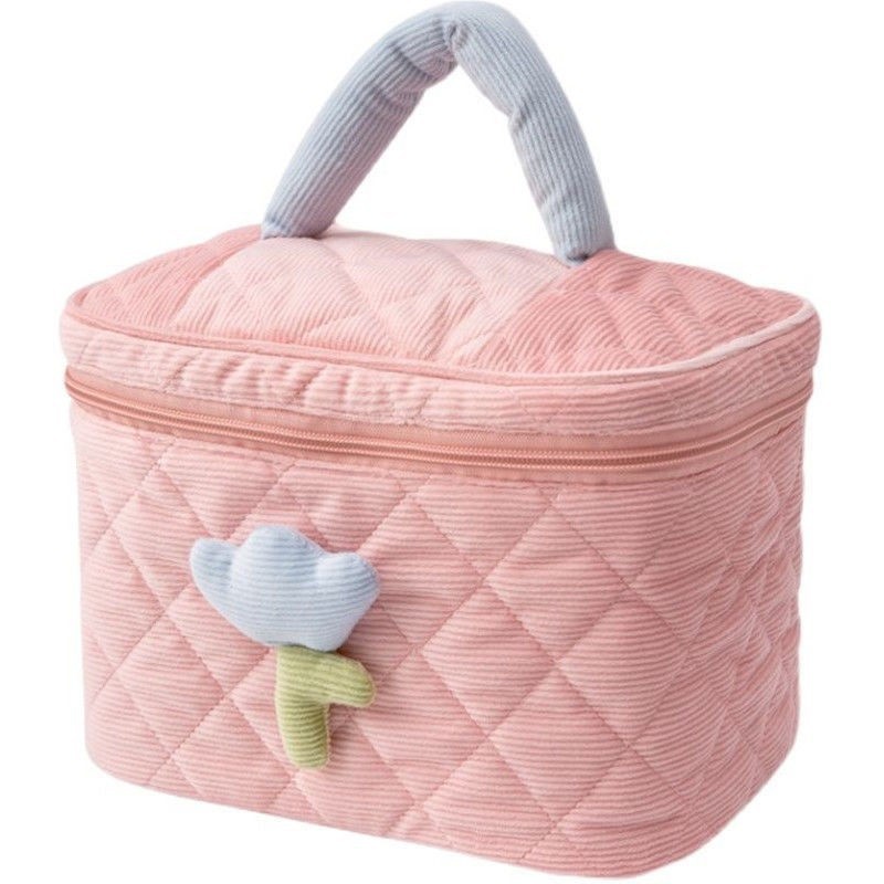 New Corduroy Cosmetic Bag Large Capacity Ins Good-looking Multi-Function Wash Bag Tulip Flower Storage Bag