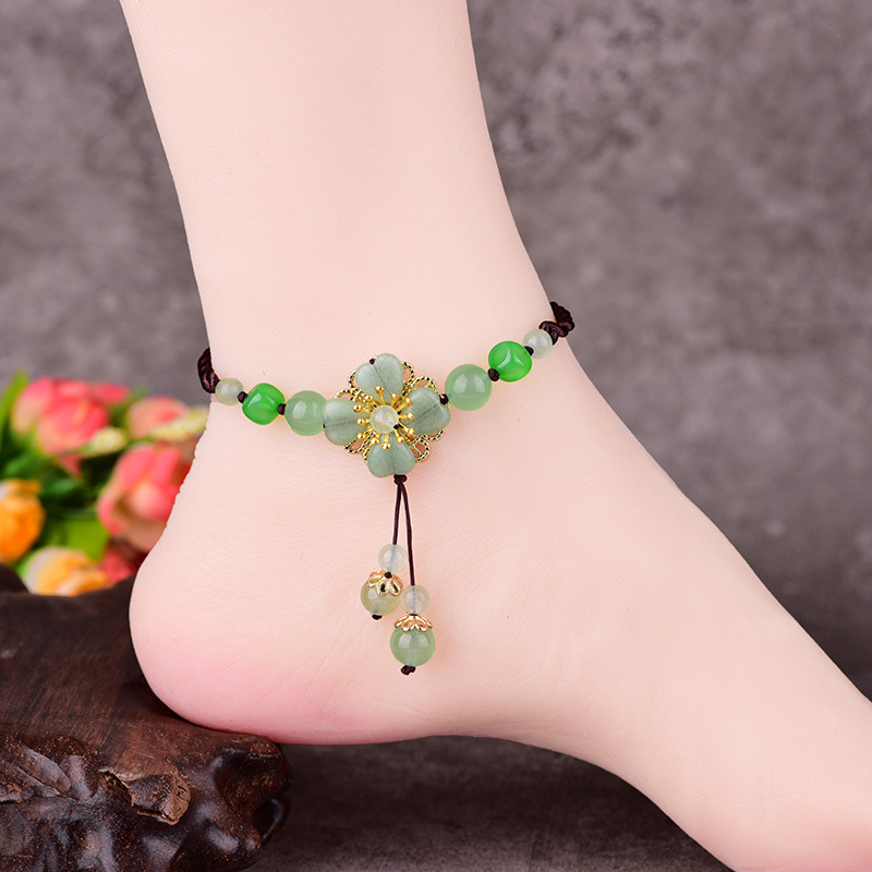 个性民族风古风东陵玉脚链女手工编织饰品配饰脚绳脚环