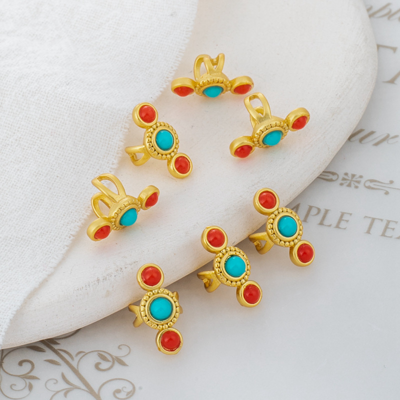 18k哑金保色镶红绿锆石半戒指扁绳diy手工古法金手镯卡扣包金贴片