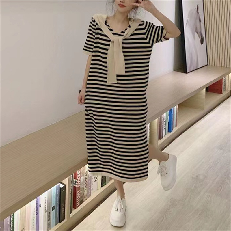 Large Size Dress 100.00kg Plump Girls Summer Stripes Loose Slimming Short Sleeve Hooded Mid-Length Knitted Breathable Dress