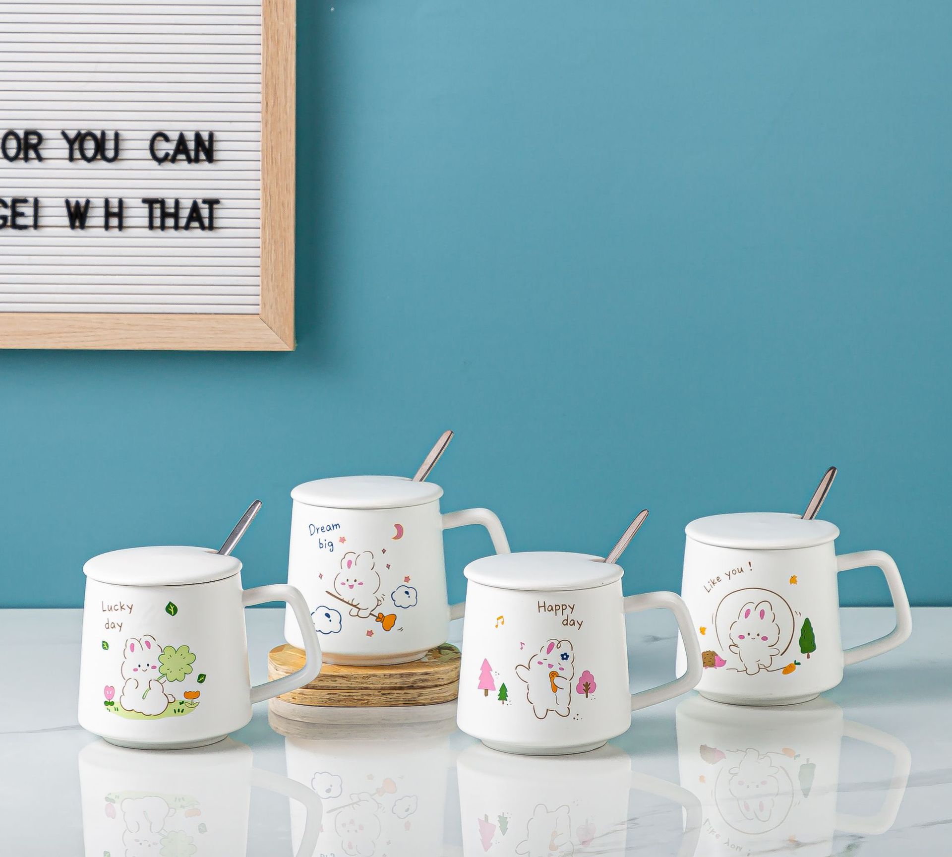 白色卡通小兔兔陶瓷杯创意套装马克杯可爱小白兔水杯男女喜欢杯子