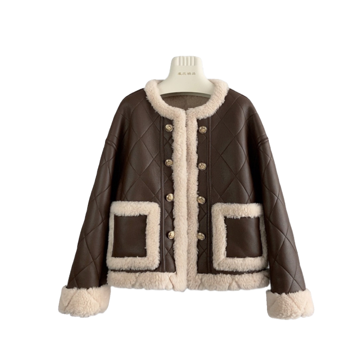 大颗粒菱格压花机车圆领皮衣短款外套气质羊剪绒复合皮毛一体厚冬