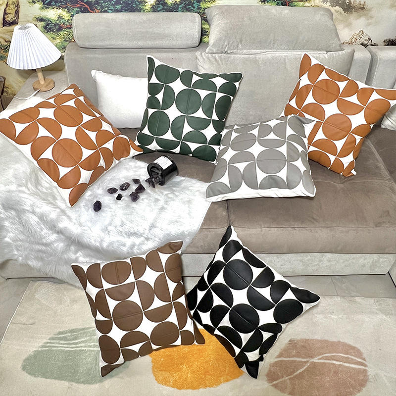 轻奢皮革拼接抱枕套客厅沙发靠样板间装饰抱枕 皮革拼接厂家抱枕