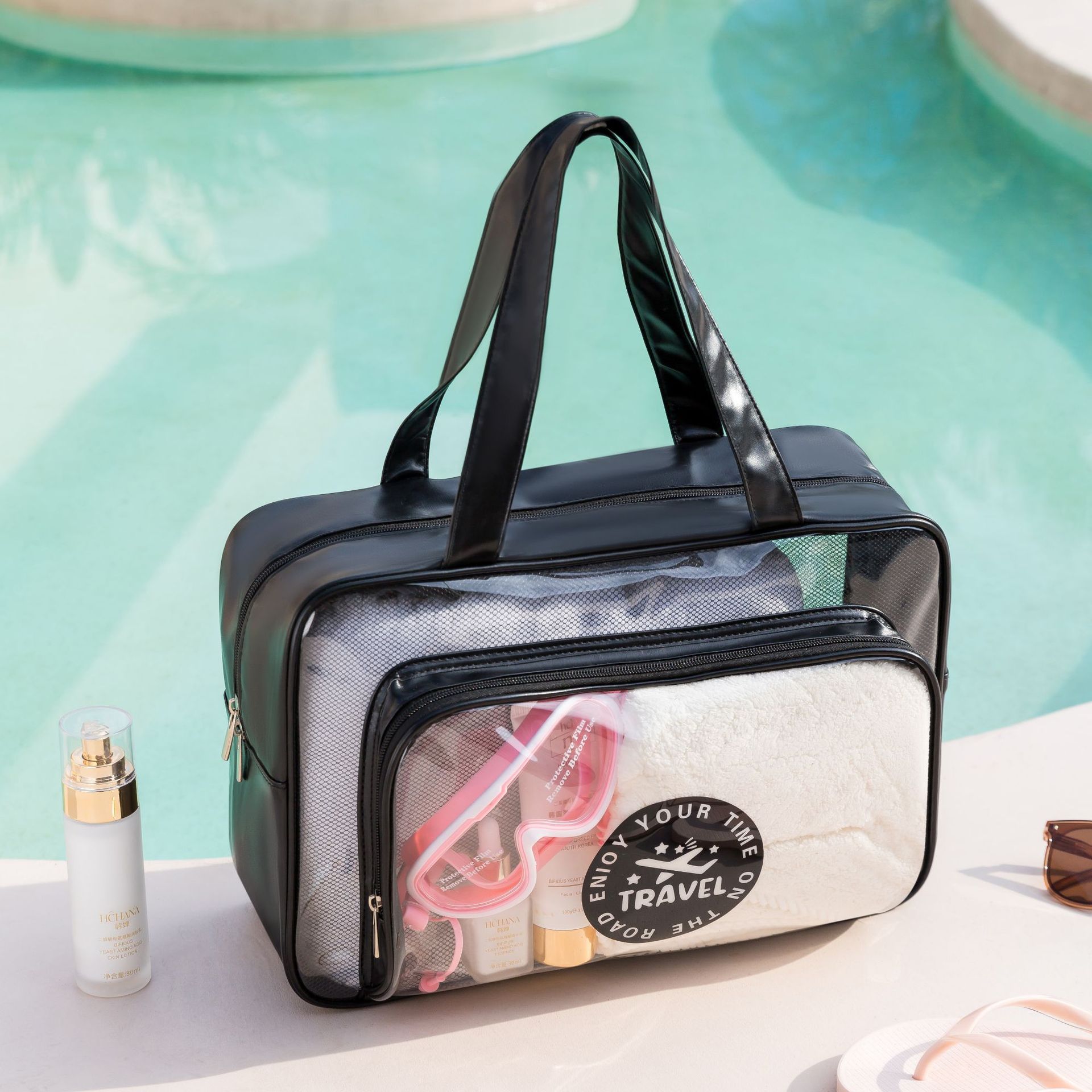 Dry Wet Separation Buggy Bag Portable Travel Makeup Wash Bag PVC Fitness Handbag Large Capacity Transparent Bag