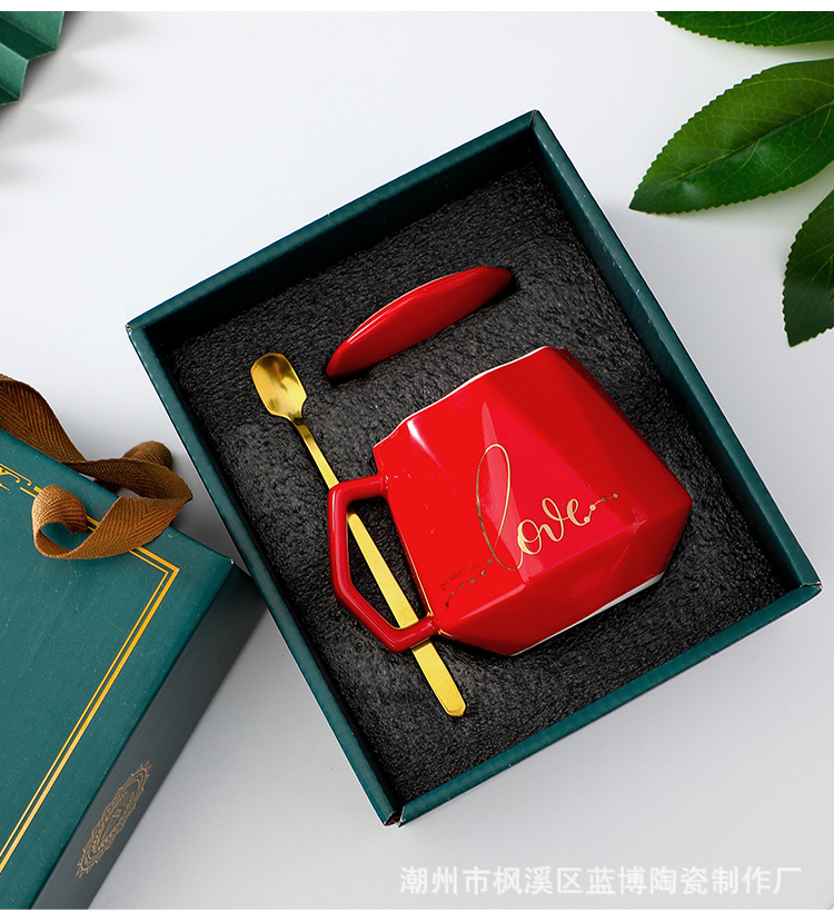 陶瓷马克杯喝水喝茶带盖带勺钻石粉红绿蓝色釉单杯对杯礼盒装批发