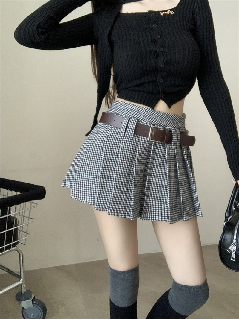 实价实拍 学院风辣妹半身裙复古千鸟格纹短裙百褶半身裙高腰半裙