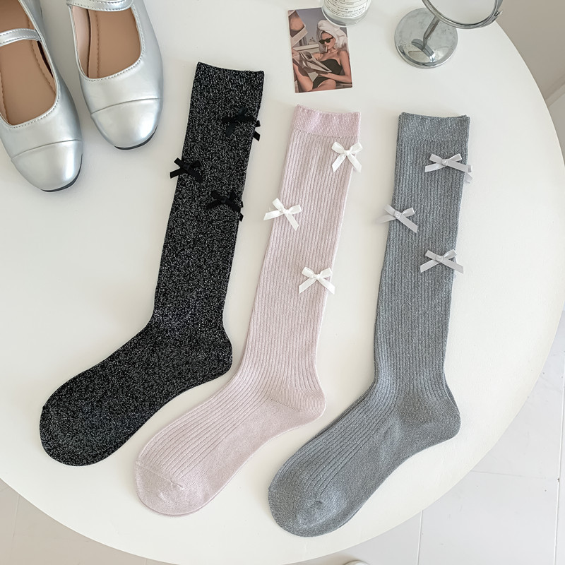 亮银丝蝴蝶结袜子女春夏薄款小腿袜韩国ins潮芭蕾miu风少女长筒袜