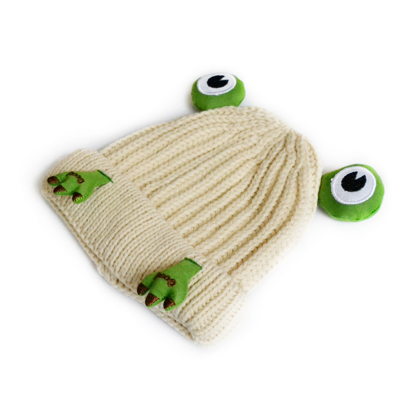 Chengwen New Children's Knitted Hat Boys and Girls Cute Cartoon Frog Hat Three-Dimensional Cap with Eyeshield Wool Hat