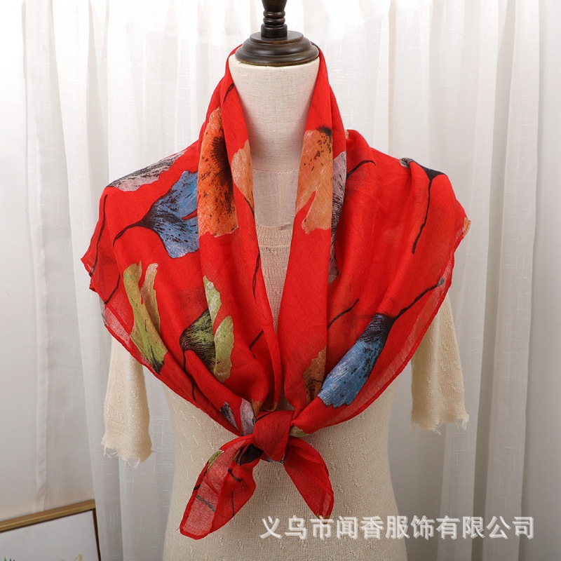 90 Large Kerchief Women's Vintage Ethnic Style Scarf Ginkgo Leaf Printed Silk Scarf Sun Protection Keeping Warm Headscarf Cervical Support Scarf