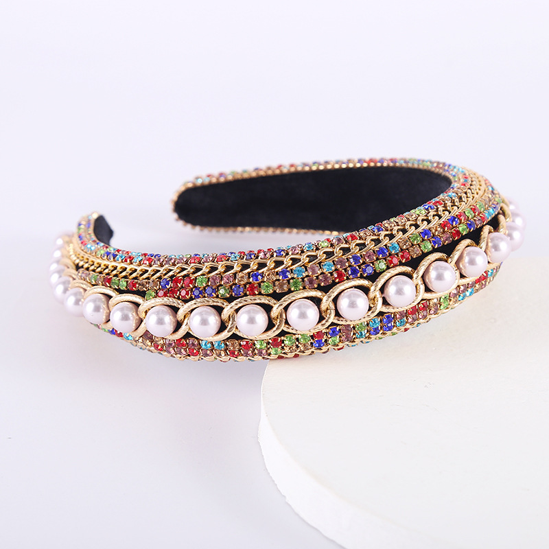 Korean Style Fashionable Pearl Headband Vintage Rhinestone Wave Headband Baroque Full Diamond Hair Tie Thin Edges Handmade Beaded Headband