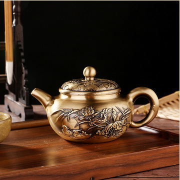 纯黄铜鸳鸯小茶壶摆件迷你水滴壶家用办公室铜酒壶山水壶茶具礼品