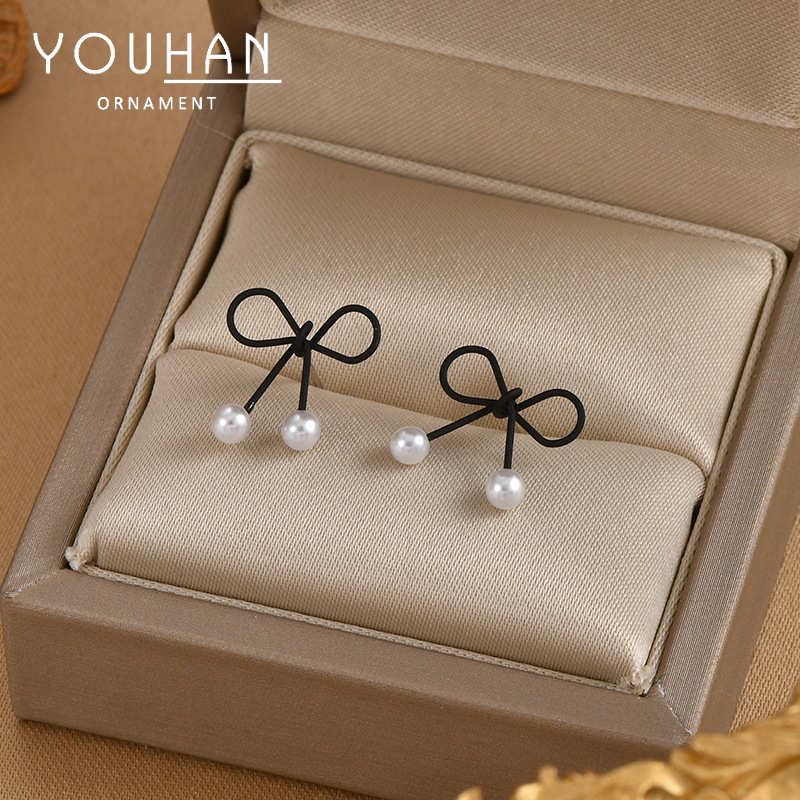 Dongdaemun Graceful Bow Stud Earrings for Women Sterling Silver Needle Niche Design Pearl Earrings Simple Student Earrings