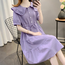 娃娃领紫色连衣裙女2024新款夏季小个子显瘦洋气减龄休闲小众裙子