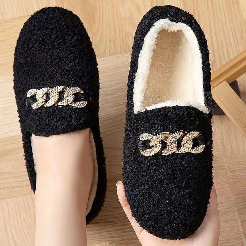 2023 Korean Style Loafers Women's Autumn and Winter Fleece-lined Warm Slugged Bottom Cotton-Padded Shoes Women's Casual All-Matching Slip-on Fluffy Shoes