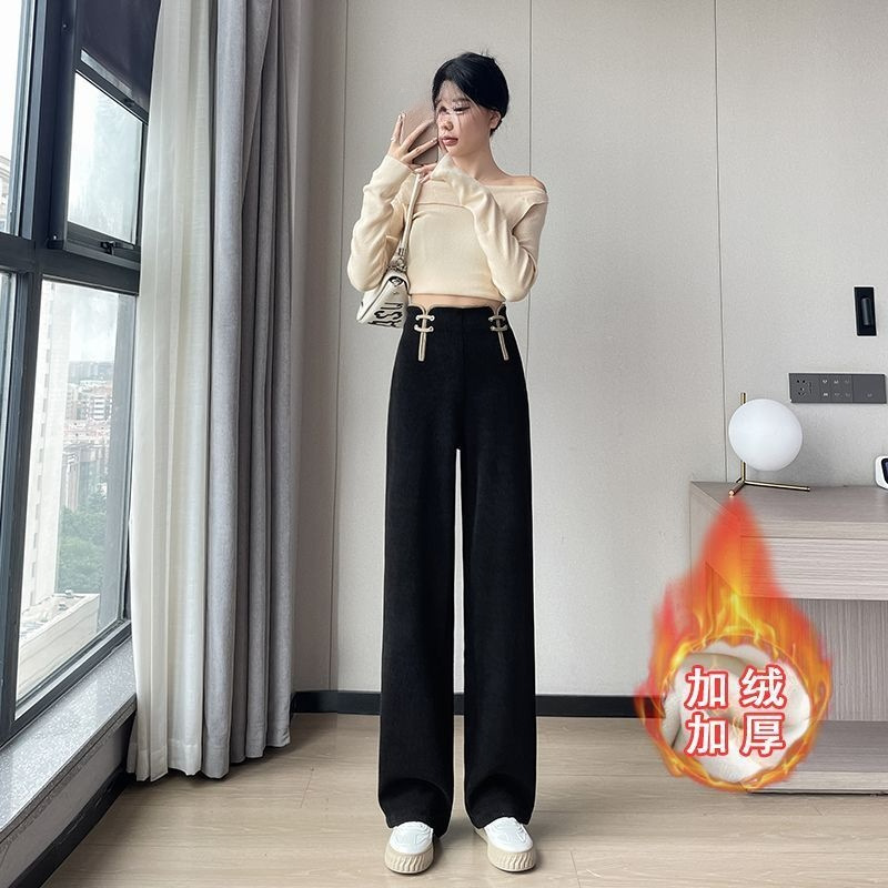 Narrow Wide-Leg Pants for Women 2023 Autumn and Winter New Fleece-Lined New Chinese Style Buckle High Waist Drooping Casual European Pants