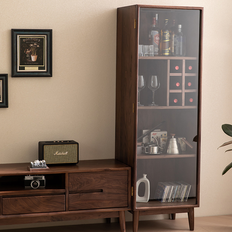 实木小酒柜黑胡桃木酒柜现代简约实木手办收纳柜展示柜厅柜玻璃门