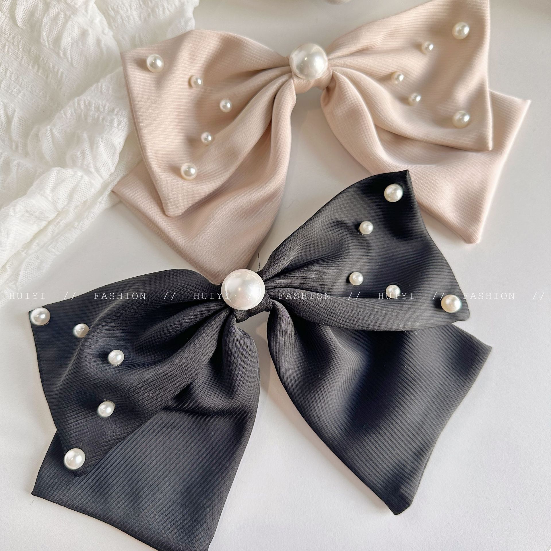 气质蝴蝶结发夹女春夏新款高级感珍珠缎面顶夹发饰后脑勺夹子发饰