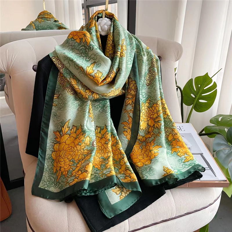 Elegant Chrysanthemum Thin Scarf Spring and Summer Mother's Sunscreen Scarf Travel Concave Shape Photo Shawl Outer Match Women