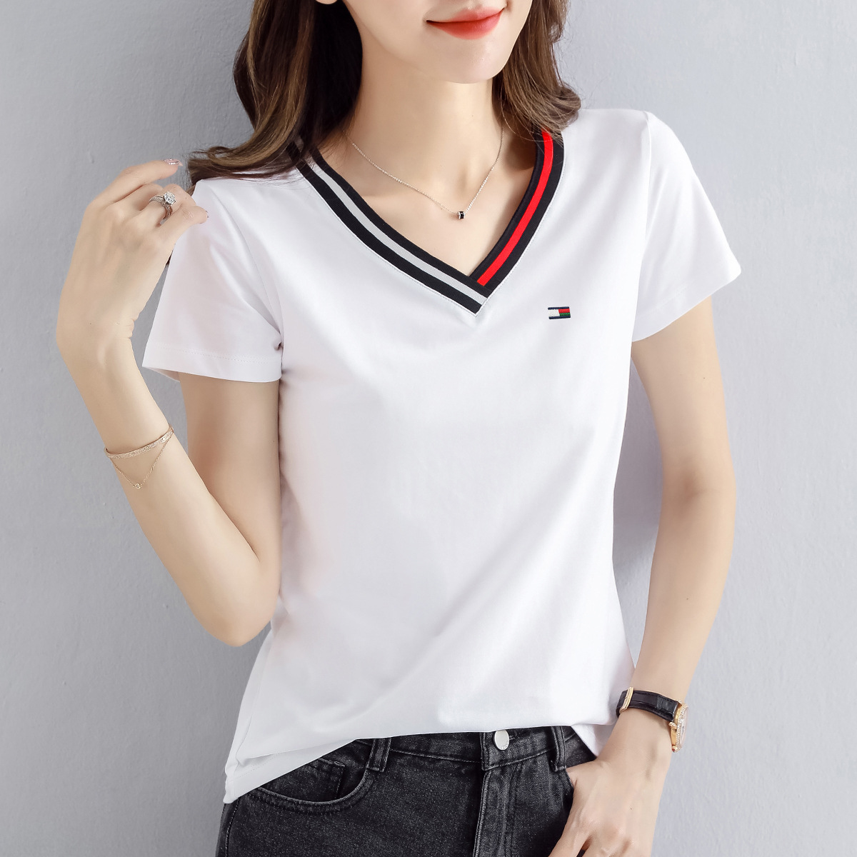 v领短袖t恤女2021年新款夏季莫代尔薄款t桖上衣宽松拼接纯棉半袖