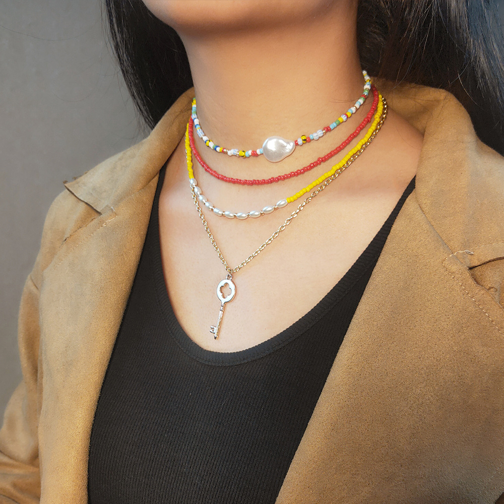 欧美风手工玻璃米珠项链女ins风巴洛克珍珠锁骨颈链法式叠戴项圈