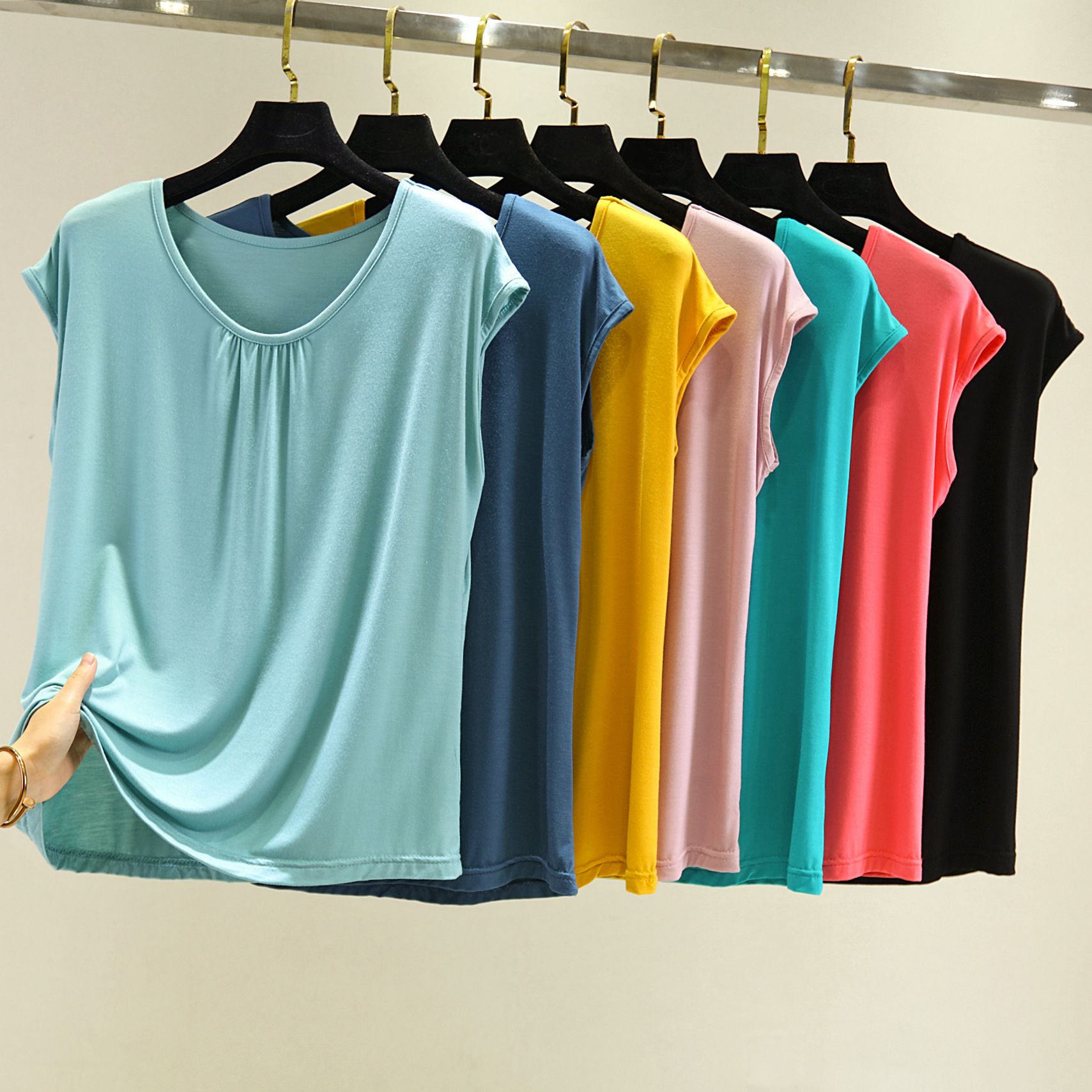 莫代尔无袖t恤女夏外穿宽松大码打底衫内搭显瘦背心圆领短袖上衣