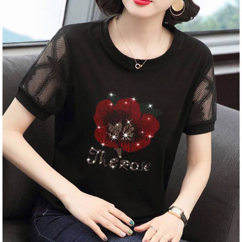 Short Sleeve Shirt Women's Western Style Small Shirt 2023 New Korean Mesh Half Sleeve Stitching Black T-shirt Mom Summer Clothes Fashion