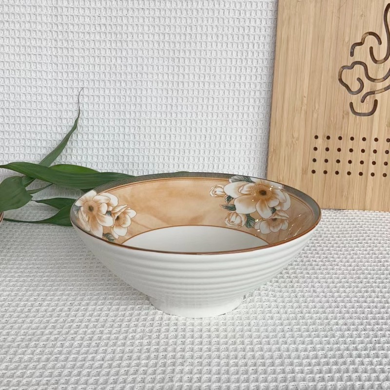 Japanese-Style Camellia Ceramic Bowl Plate Tableware Household Rice Bowl Large Soup Bowl Dish Internet-Famous and Vintage Bowl Plate Microwaveable