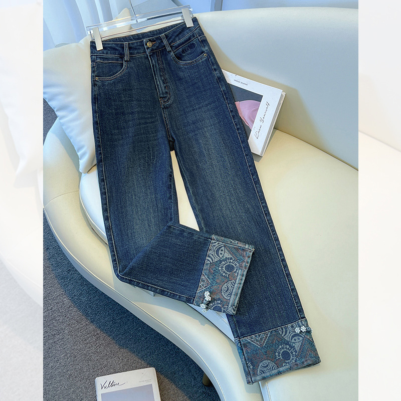 高端深蓝色烟管牛仔裤女2025新款春秋新中式风小个子九分直筒裤子