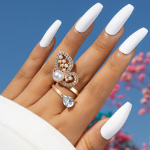 欧美跨境夸张轻奢饰品 珍珠镶钻蝴蝶单个戒指 几何镂空开口戒指