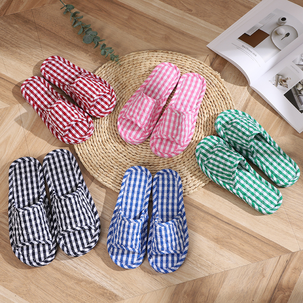 korean striped spring and autumn fabric slippers soft bottom three-layer bottom warm slippers breathable non-slip exposed toe cotton slippers