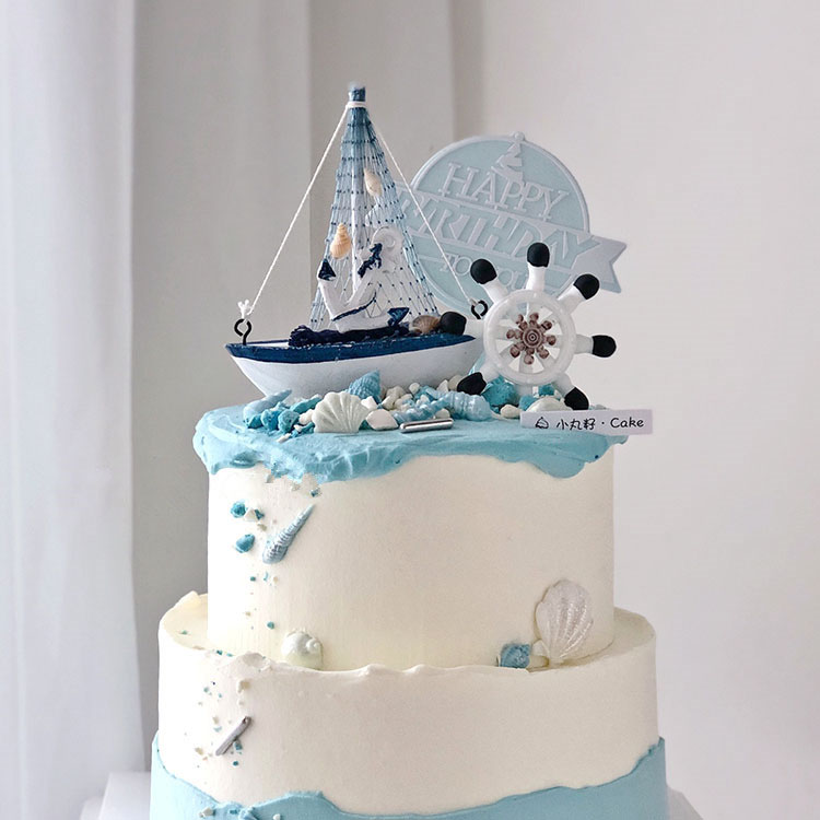 帆船小船毕业蛋糕装饰蓝色海洋一帆风顺船锚渔网幼儿园毕业季