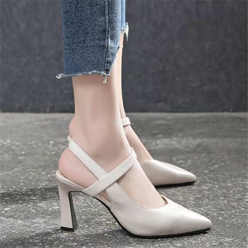 34 -- 42 Soft Leather High Heels Women's 2023 Summer New Pointed Toe Toe Cap Versatile Chunky Heel Ankle-Strap Mom Sandals