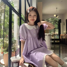 实拍 2024夏季新款韩版韩系甜美减龄泡泡袖娃娃领紫色格子连衣裙