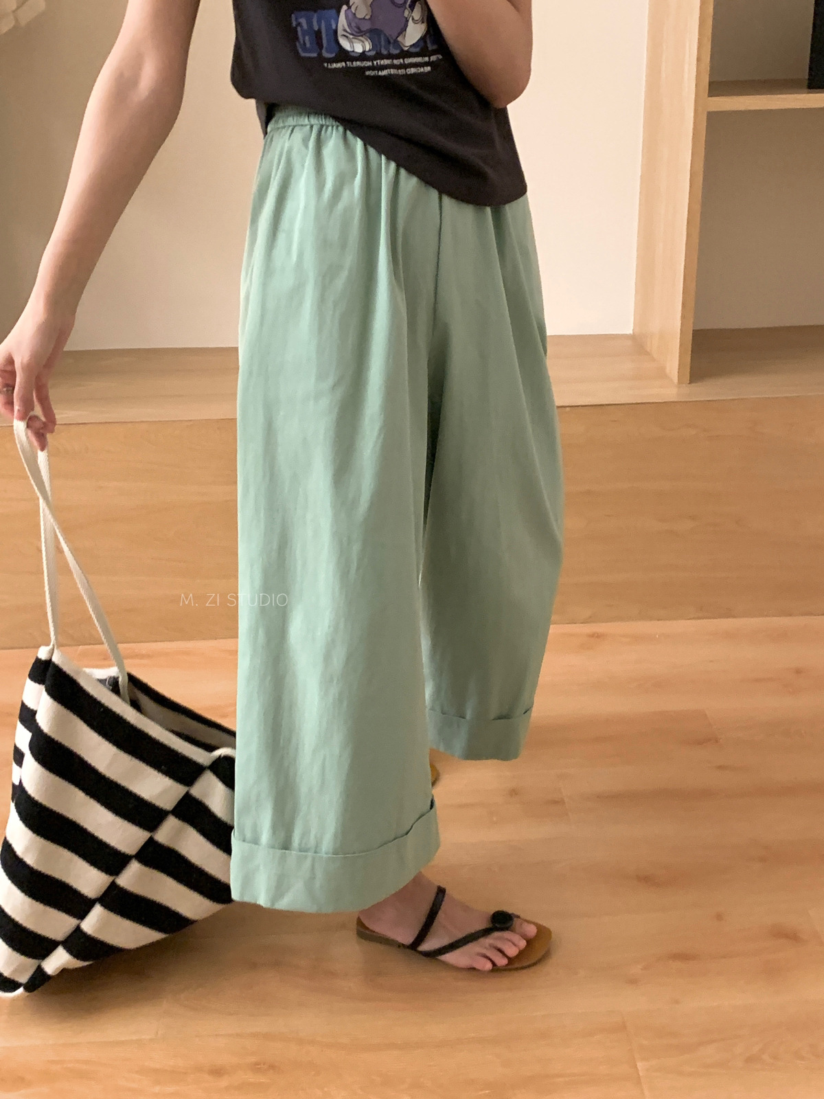zi studio日系清新卷裤腿设计阔腿休闲裤宽松高腰松紧长裤女夏