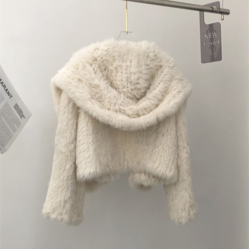 2024年秋冬新优质兔毛手工编织连帽皮草外套女短款海宁大衣年轻款