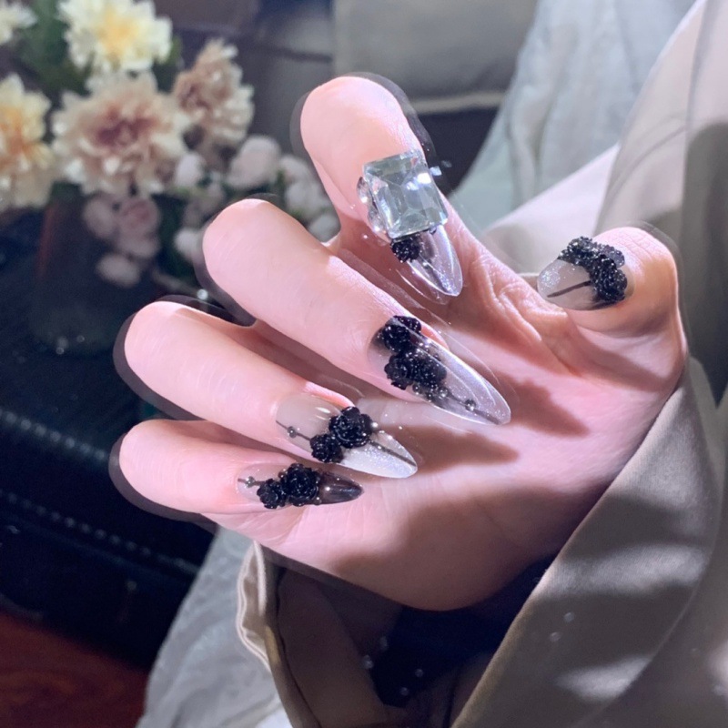 Handmade Wear Nail Drop Shape Black Camellia Stick-on Crystals High-Grade Temperament Finished Wear Nail Detachable