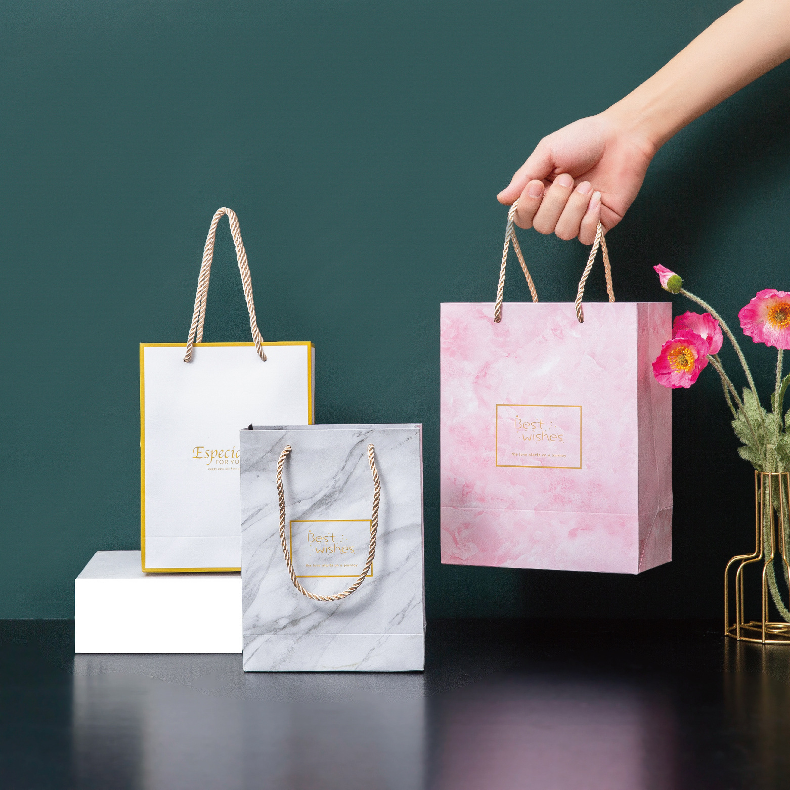 现货手提袋大理石纸袋蛋糕礼物袋烘焙包装袋饰品袋丝巾内衣礼品袋