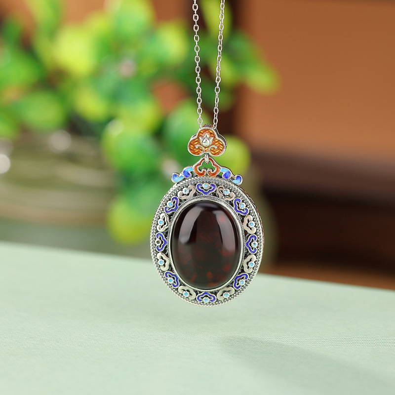 壹鹿银s925纯银血珀复古做旧国潮景泰蓝祥云如意蛋面镂空吊坠挂坠