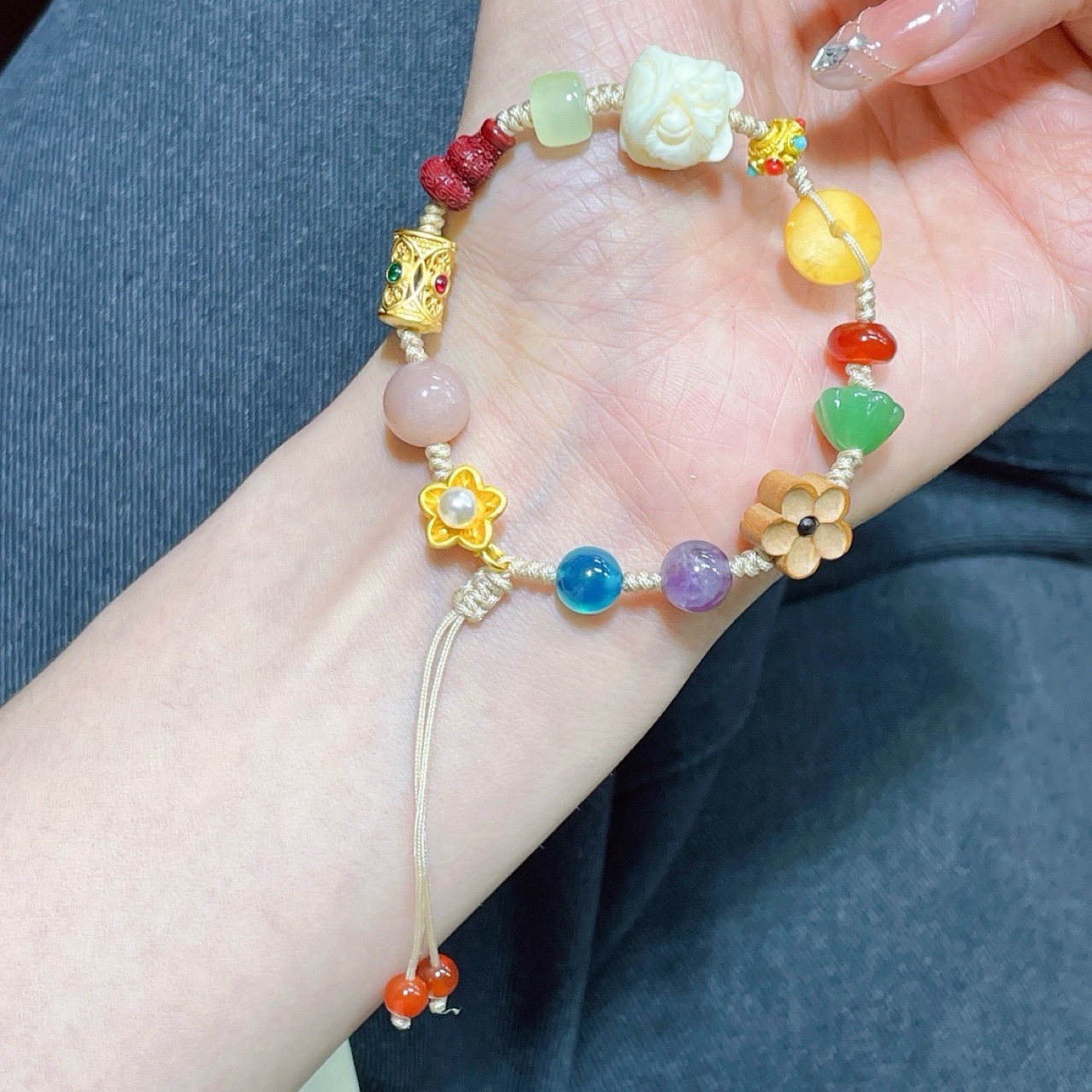 原创新款天然蜜蜡多宝手链搭配太阳石蓝糖心玛瑙手链手串-阿里巴巴