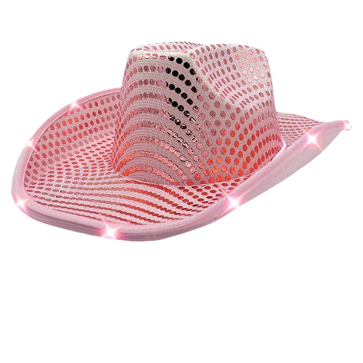 Cross-Border Hot Sequins Glitter Flashing Hat Halloween Performance Flashing Hat Sub Fedora Hat Colored Cowboy Hat with Lights