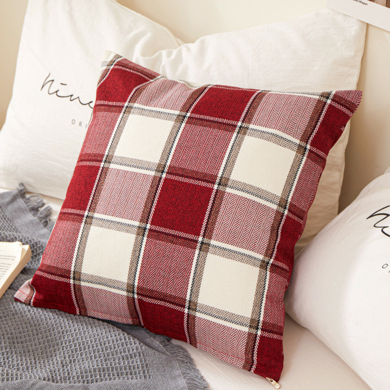 Polyester Linen Square Plaid Pillow Cover Modern Minimalist Cross-Border Home Sofa Study Seat Bedroom Bedside Cushion