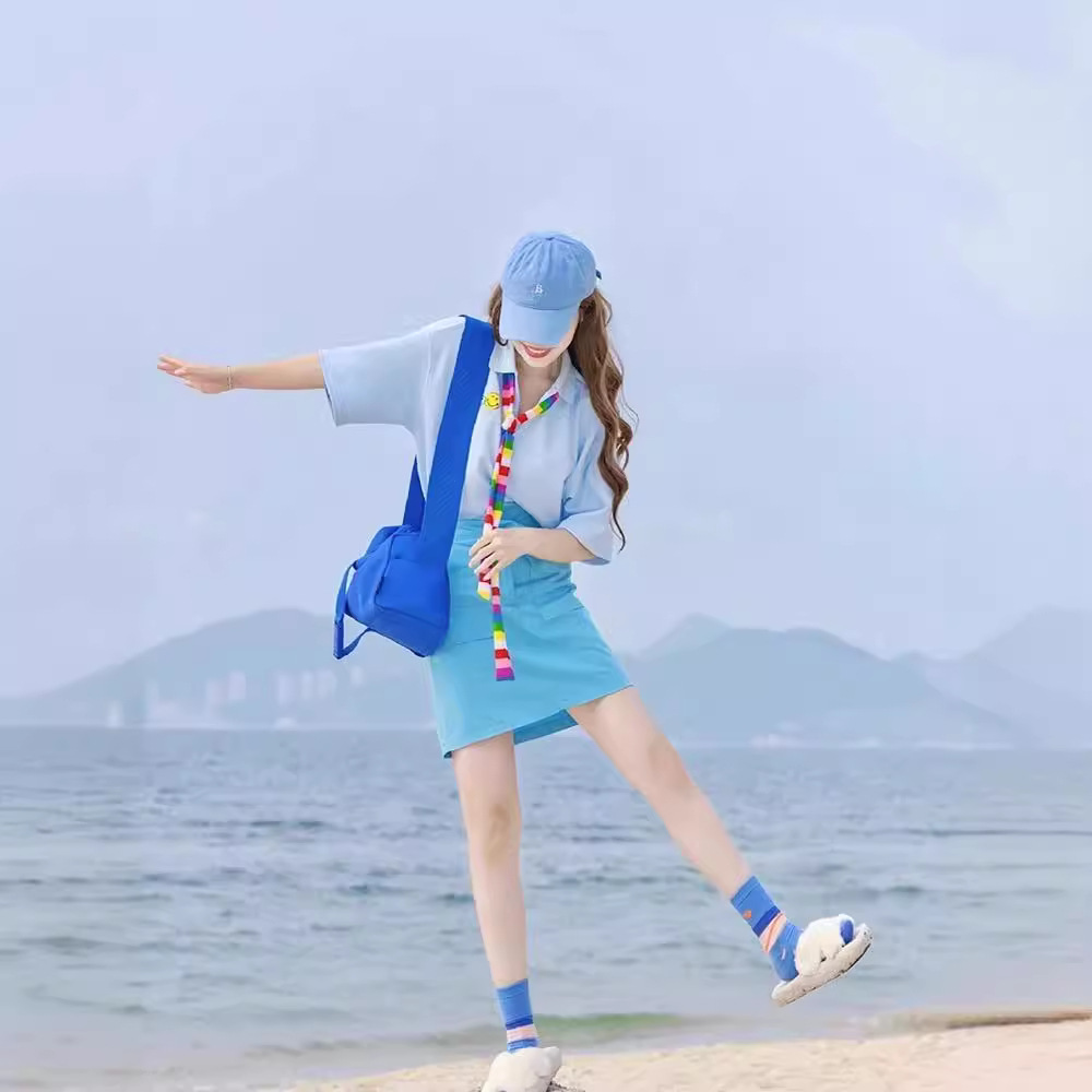 活泼减龄网红蓝色时尚套装polo衫潮牌气质穿搭直筒修身半身裙