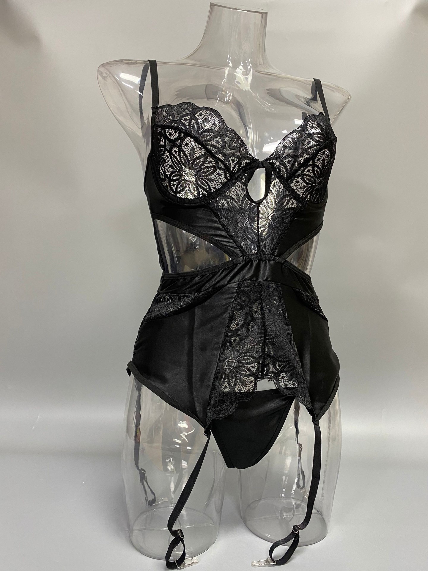 欧美外贸情趣内衣新款性感透视缎面蕾丝吊带袜紧身衣套装批发4126