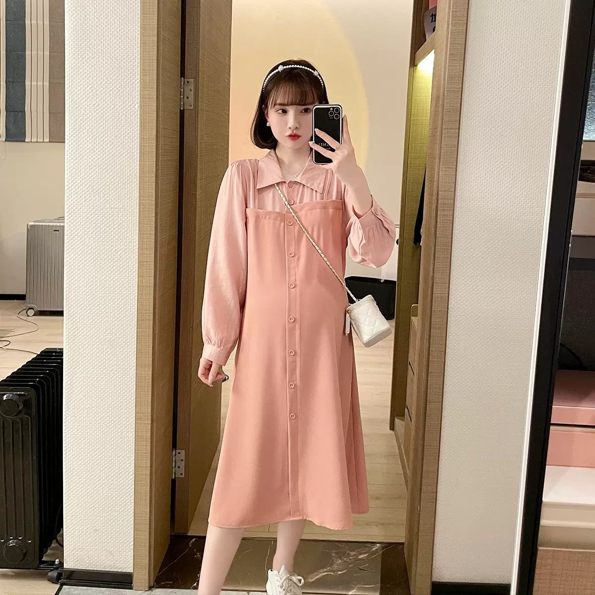 孕妇装中长款韩版长袖春装新款洋气潮妈假两件衬衫连衣裙春秋款