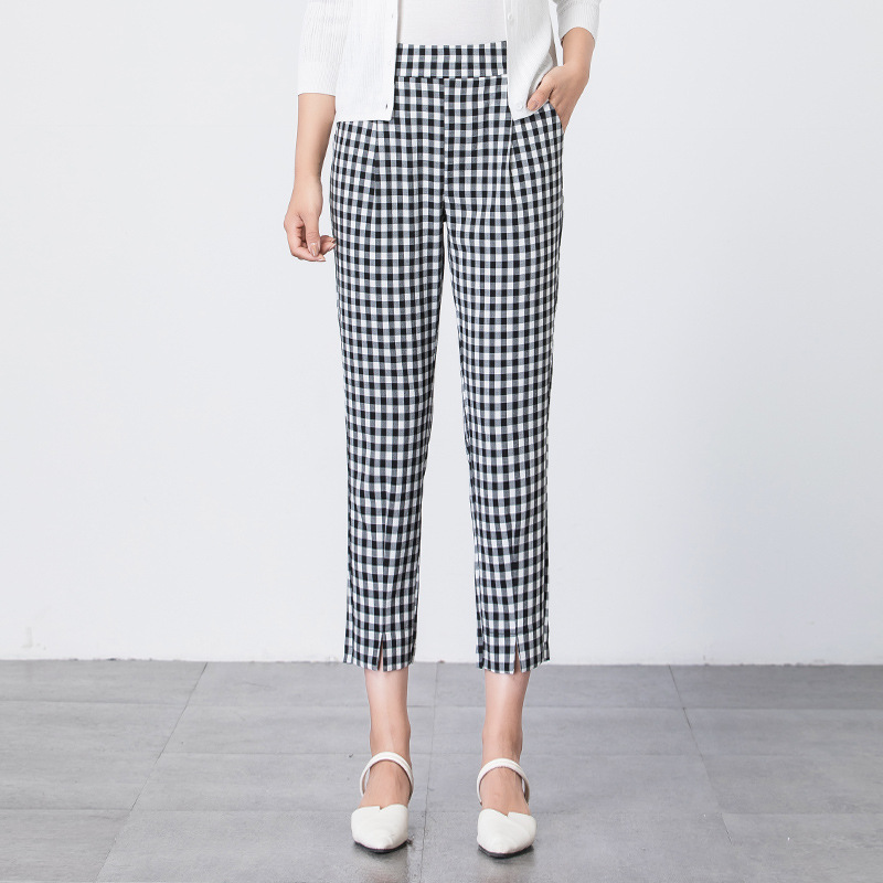 九分格纹哈伦裤黑白格子裤女夏季薄款裤子高腰直筒休闲女裤-阿里巴巴