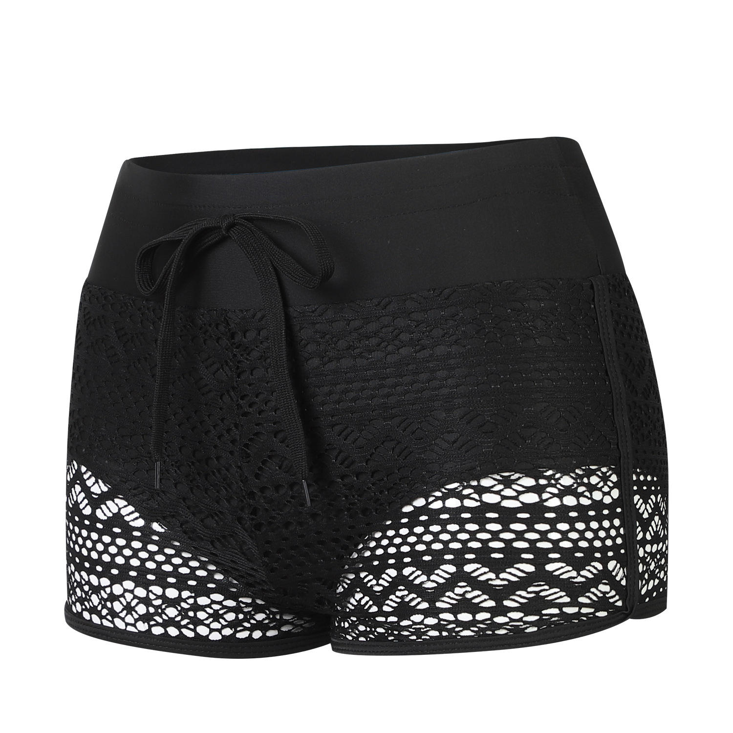 亚马逊女士泳裤蕾丝可下水短裤黑色出口平角裤四角游泳裤大码2xl