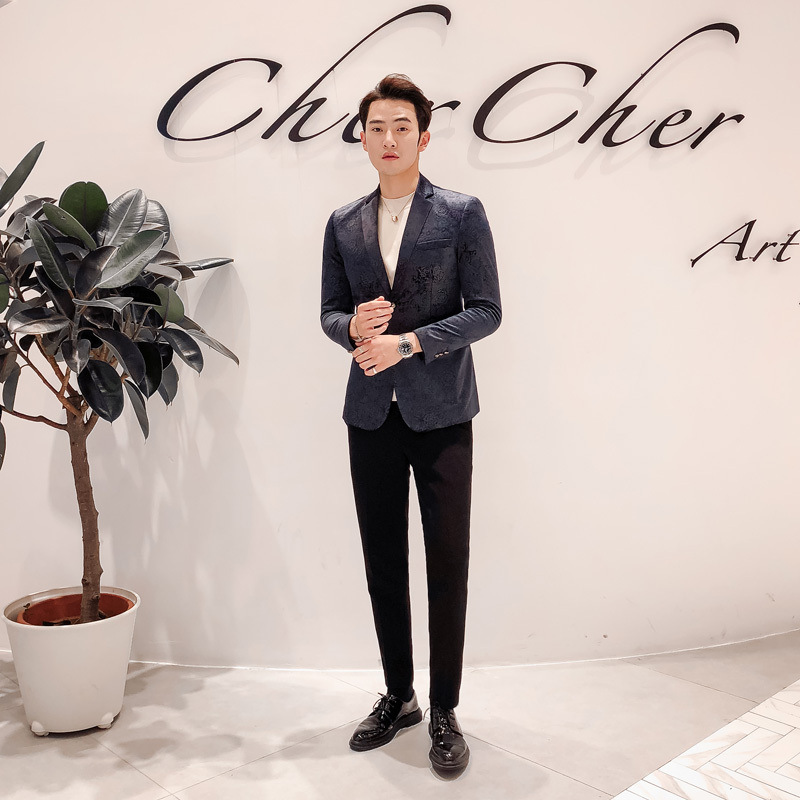 2021秋冬新款男士西服韩版修身提花大码青年商务西装欧洲站男单西